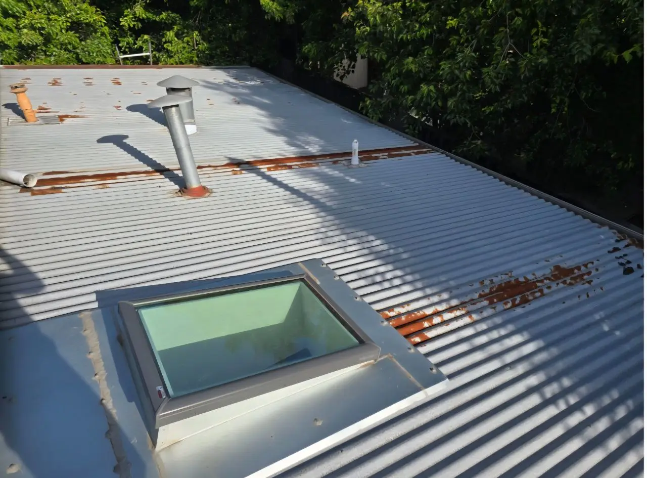 Corrugated metal roof with surface rust before restoration
