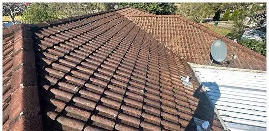 Faded, moss-stained terracotta tile roof before restoration