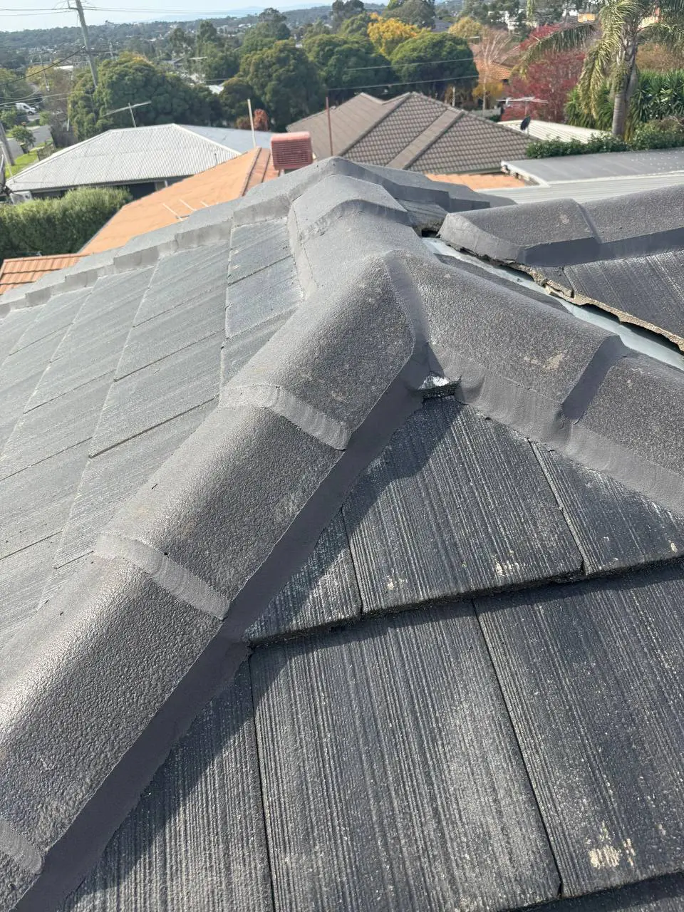 Weathered tile roof with cracked ridge pointing and moss, before repair — project 6